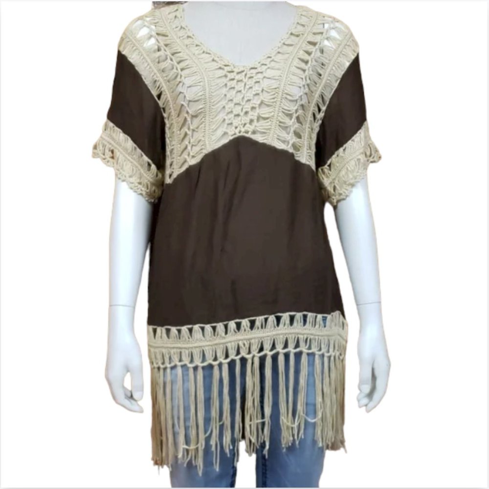 Kori America Tunic S NWT Fringe Crochet Boho Chocolate Brown Short Sleeve Wester